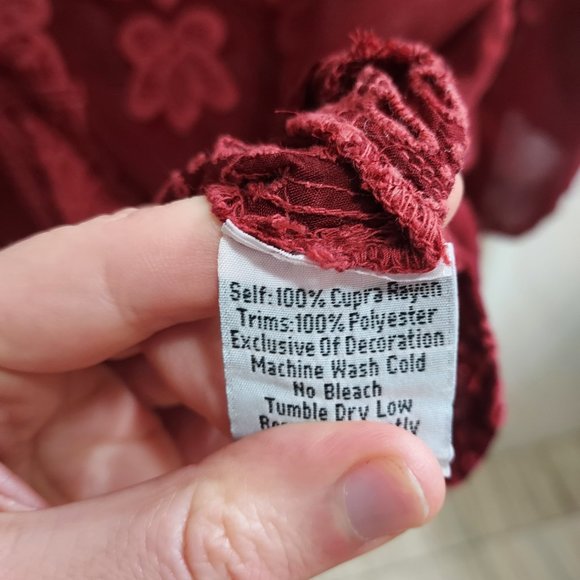 Johnny Was Crimson Red Embroidered Georgette ¾ Sleeve Top - Picture 6 of 7